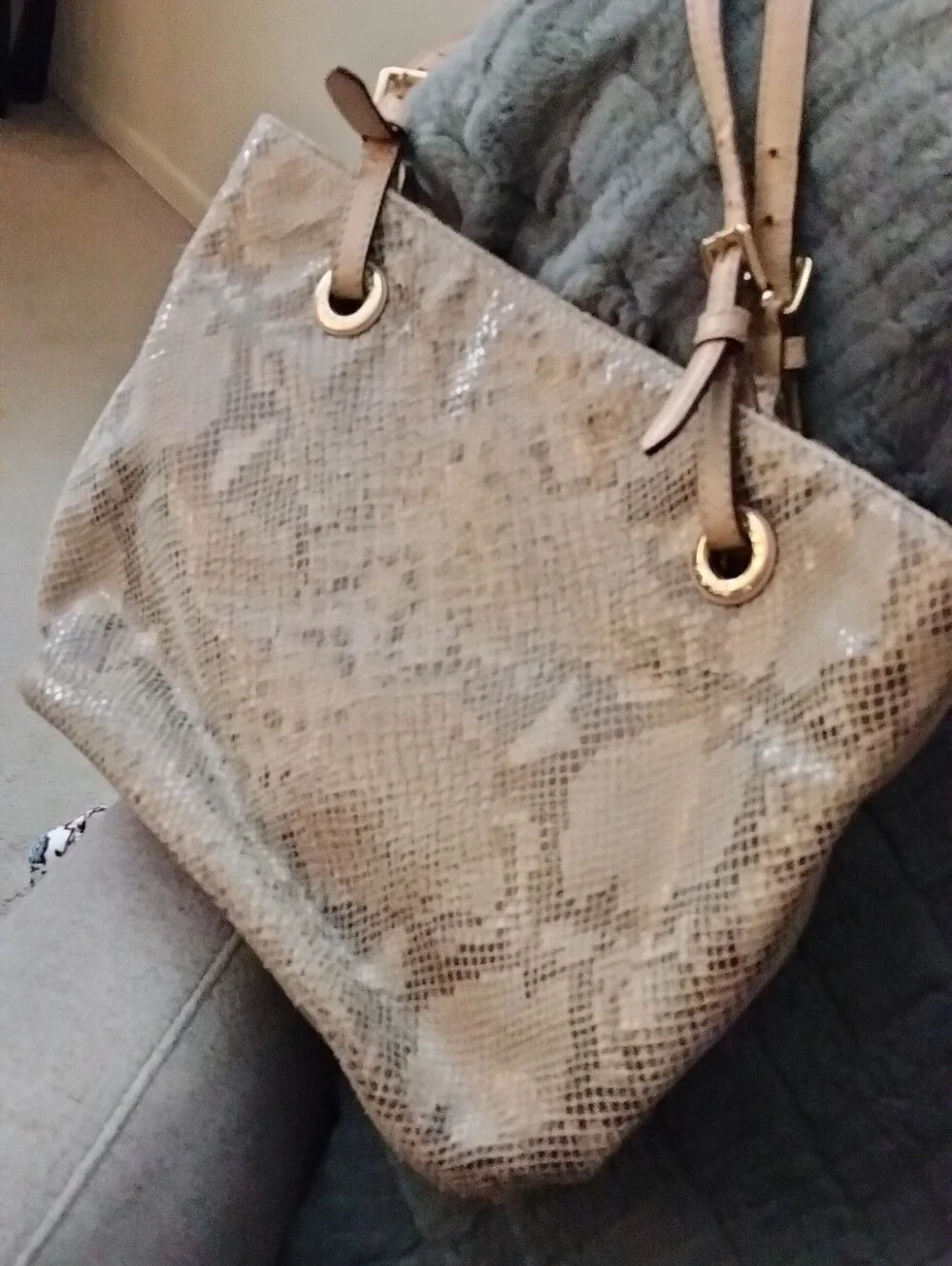 Michael Kors Taupe Snake-Print Tote with Gold MK Charm - Picture 2 of 3